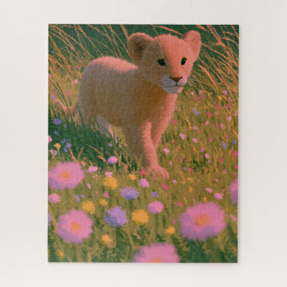 Cute Lion Cub in Tall Grass Wildflower Field Jigsaw Puzzle