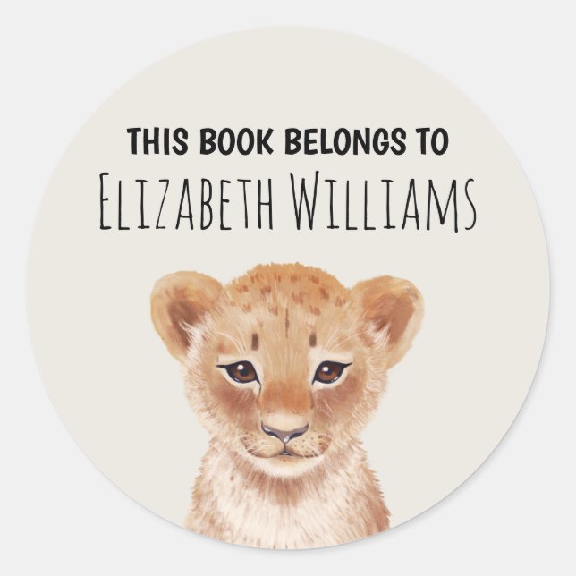 Cute Lion Cub Personalised Name School  Classic Round Sticker (Front)