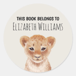 Cute Lion Cub Personalised Name School  Classic Round Sticker