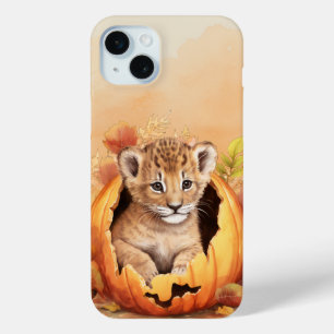 CUTE LION CUB SITTING IN A FALL ORANGE PUMPKIN iPhone 15 MINI CASE