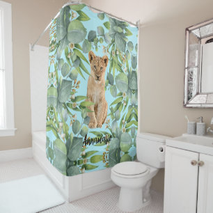 Cute Lion Cub Teal Green Jungle Forest Leaf Shower Curtain