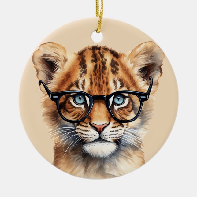 Cute Lion Cub Wearing Glasses Ceramic Ornament (Front)