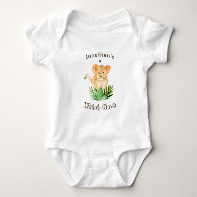 Cute Lion Cub Wild One Tropical Jungle Lettering Baby Bodysuit (Front)