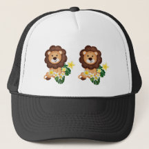 Cute lion cub with tropical flowers