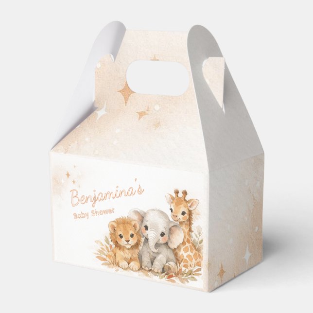 Cute Lion Elephant Giraffe Boho Earthy Neutral Kid Favour Box (Front Side)