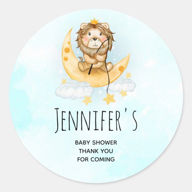  Cute Lion Fishing on the Moon Baby Shower Classic Round Sticker (Front)