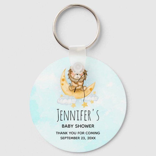Cute Lion Fishing on the Moon Baby Shower Key Ring (Front)