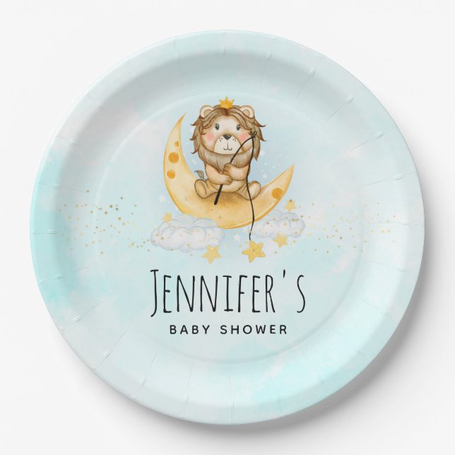 Cute Lion Fishing on the Moon Baby Shower Paper Plate (Front)