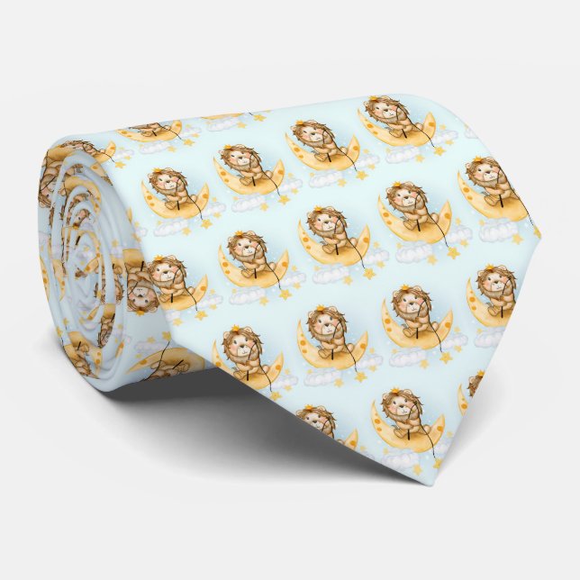 Cute Lion Fishing on the Moon Pattern Tie (Rolled)
