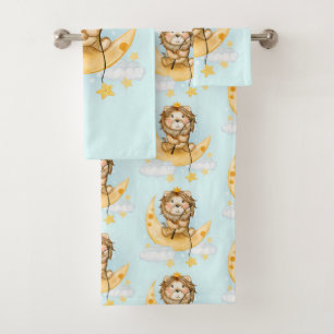 Cute Lion Fishing on the Moon Watercolor Bath Towel Set