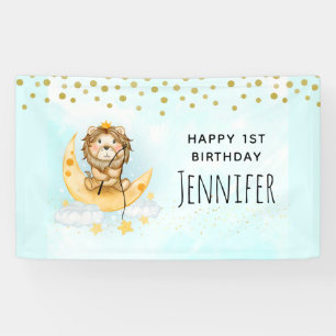 Cute Lion Fishing on the Moon Watercolor Birthday Banner