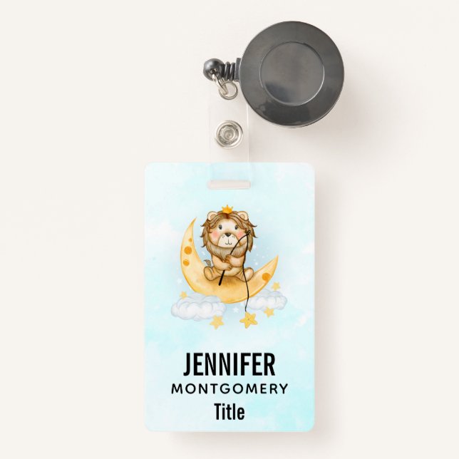Cute Lion Fishing on the Moon Watercolor ID Badge (Front with Retractable)