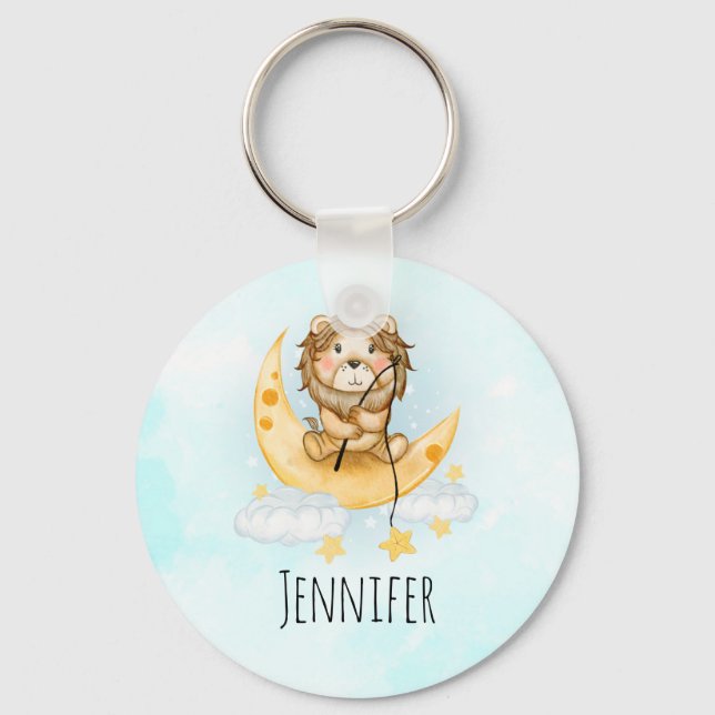 Cute Lion Fishing on the Moon Watercolor Key Ring (Front)
