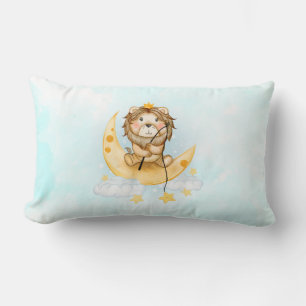 Cute Lion Fishing on the Moon Watercolor Lumbar Cushion
