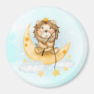 Cute Lion Fishing on the Moon Watercolor Magnet