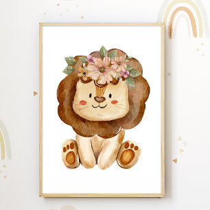 Cute Lion Flowers Nursery Poster Kids Room Decor