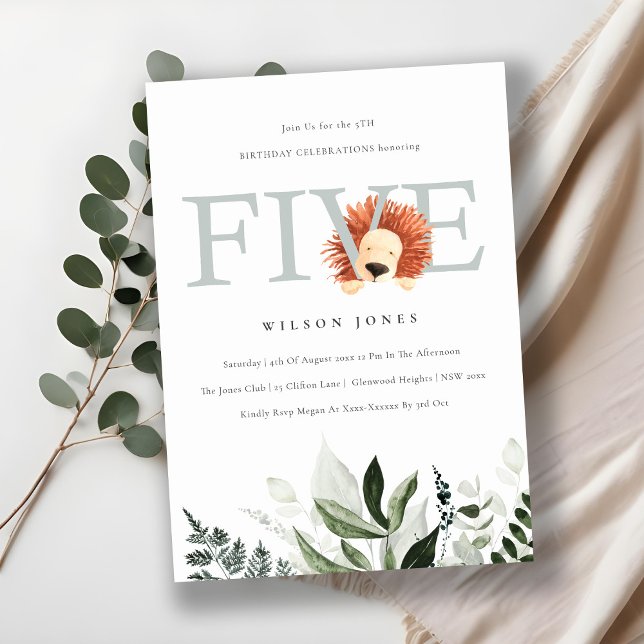 Cute Lion Foliage 5th Fifth Birthday Party Invite (Creator Uploaded)