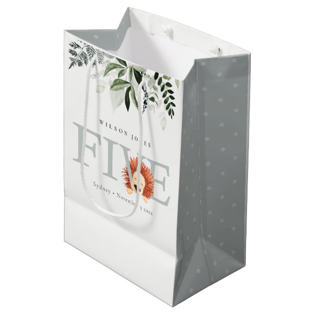 Cute Lion Foliage Fifth 5th Birthday Party Medium Gift Bag (Front Angled)