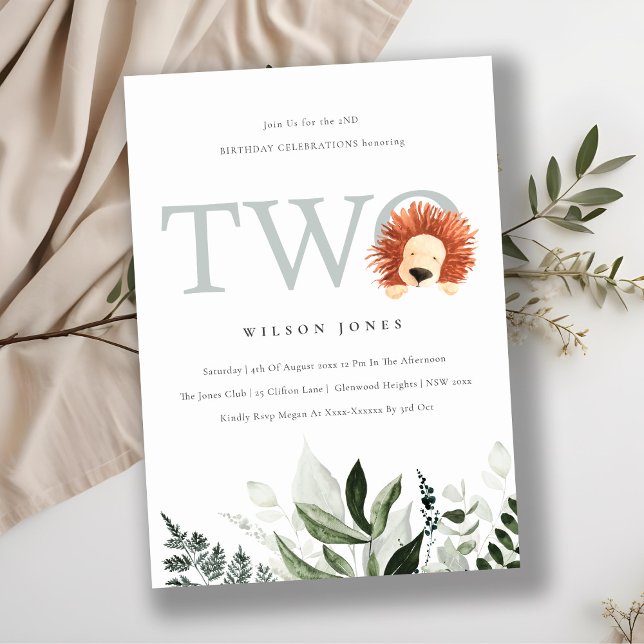 Cute Lion Foliage Second Birthday Party Invite (Creator Uploaded)