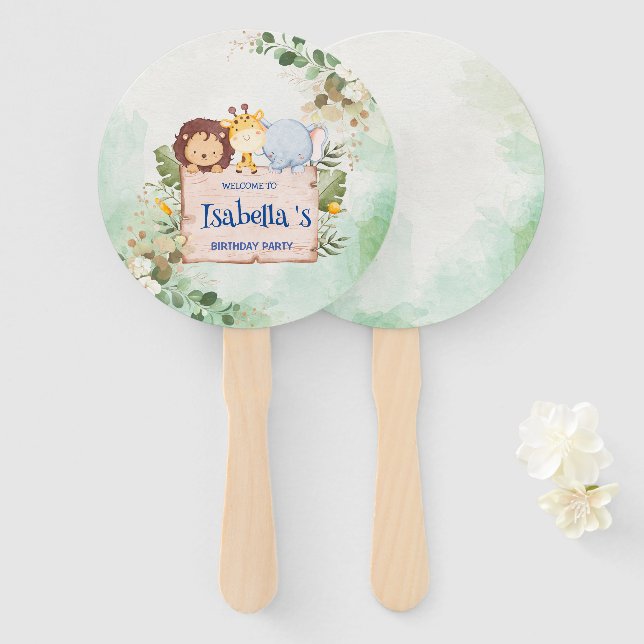 Cute Lion Giraffe Tropical flower Birthday party Hand Fan (Front and Back)