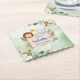 Cute Lion Giraffe Tropical flower Birthday party Paper Coaster