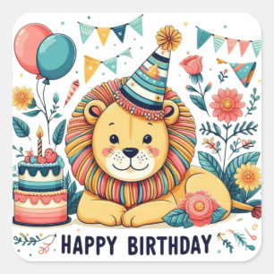 Cute Lion Happy Birthday Party Hat Square Sticker