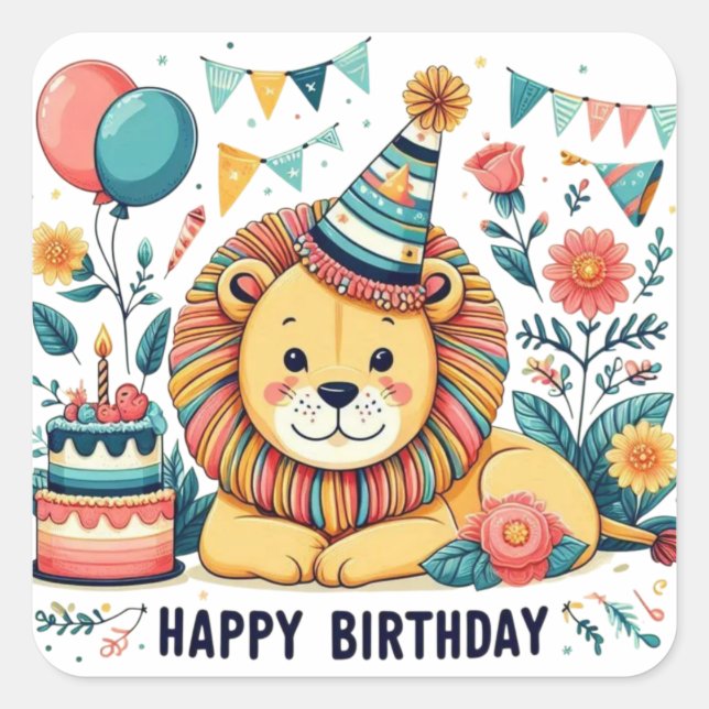Cute Lion Happy Birthday Party Hat Square Sticker (Front)