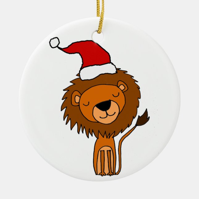 Cute Lion in Santa Hat Christmas Cartoon Ceramic Tree Decoration (Front)