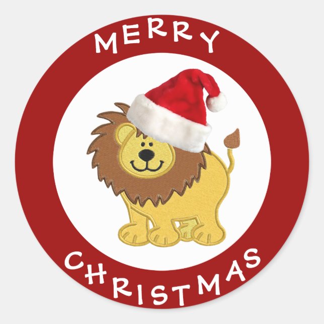 Cute Lion in Santa Hat Red Christmas Stickers (Front)