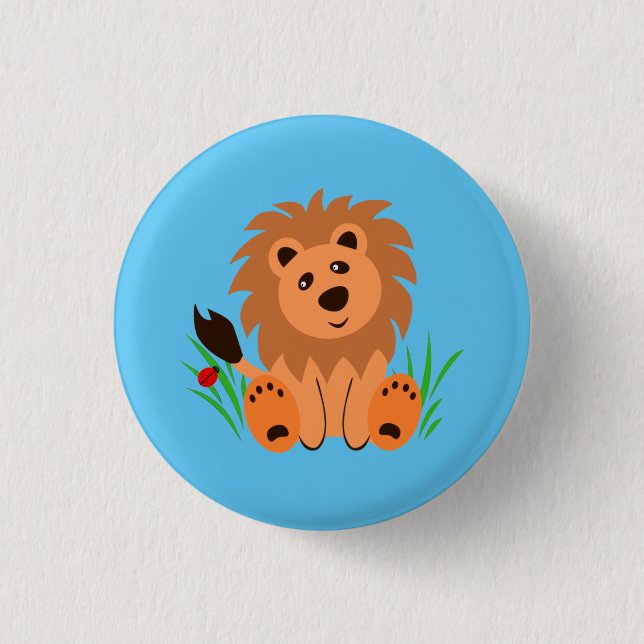 Cute lion in the grass with ladybug   3 cm round badge (Front)