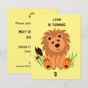 Cute lion in the grass with ladybug, kids birthday invitation