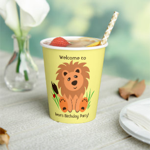Cute lion in the grass with ladybug, kids birthday paper cups
