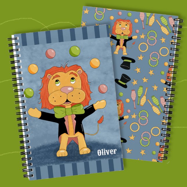 Cute Lion Juggler Kid Personalised Spiral Notebook (Cute personalized kid spiral notebook with a juggling lion . )