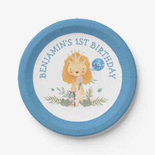 Cute Lion Leaves Blue Boys 1st Birthday Party Paper Plate