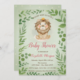 Cute Lion Leaves, Blue Dots Baby Shower Invitation