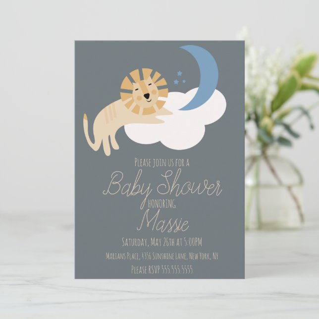 Cute Lion Moon Cloud Baby Shower Invitation (Standing Front)