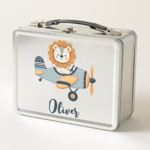 Cute Lion on Charming Aeroplane Personalised Metal Lunch Box
