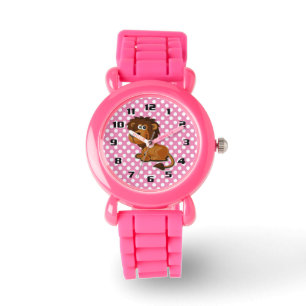Cute Lion on Pink Polka Dot Pattern Watch