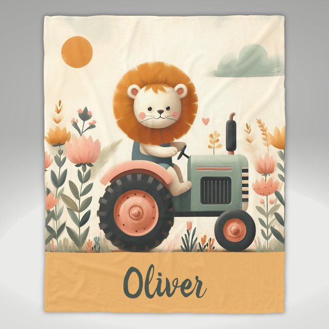 Cute Lion on Tractor Adventure Fleece Blanket (Creator Uploaded)