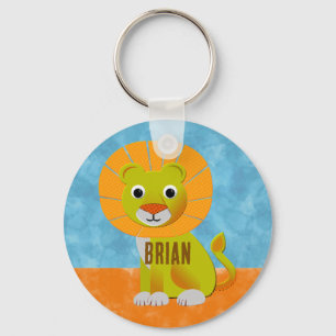 Cute Lion On Watercolor Background Custom Name Key Ring