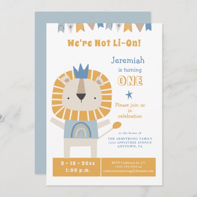 Cute Lion One Year Boy Birthday Party Invitation (Front/Back)