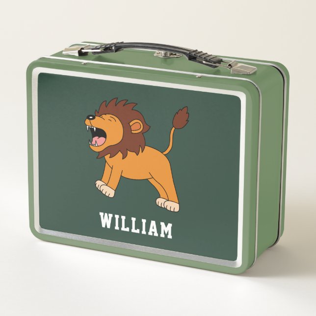 Cute Lion Personalised Custom Name Back To School Metal Lunch Box (Back)