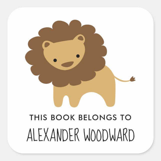 Cute Lion Personalised Kids Bookplate Square Sticker (Front)