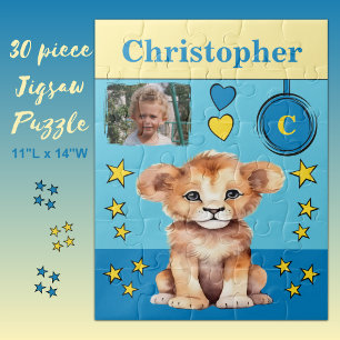 Cute lion photo name blue yellow kids jigsaw puzzle