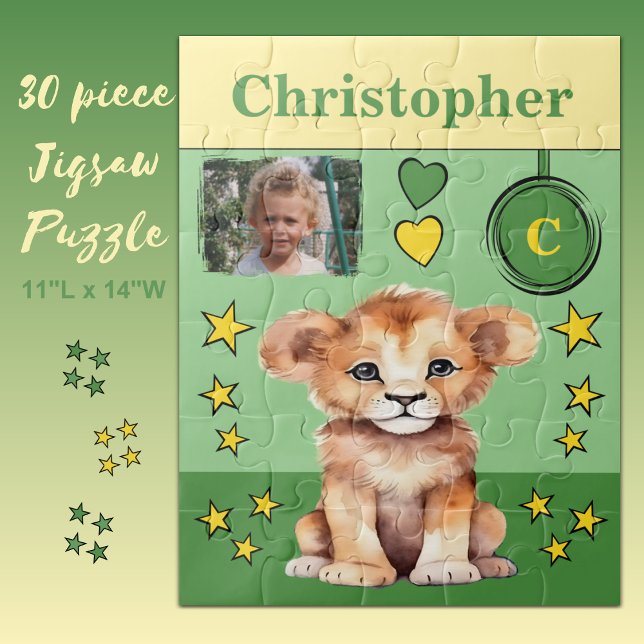 Cute lion photo name green yellow kids jigsaw puzzle (Creator Uploaded)