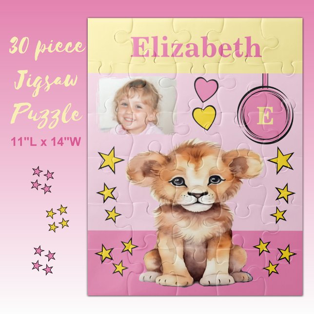 Cute lion photo name pink yellow kids jigsaw puzzle (Creator Uploaded)