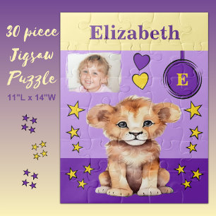 Cute lion photo name purple yellow kids jigsaw puzzle