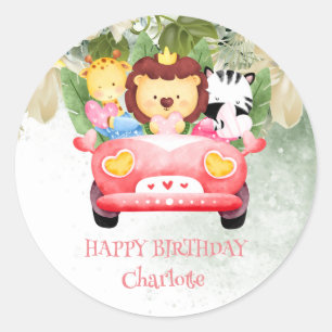 Cute Lion Race car Safari jungle Birthday party Classic Round Sticker