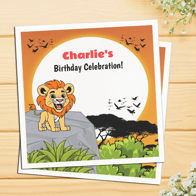 Cute Lion Safari Tropical Jungle Cartoon Birthday Napkin (Creator Uploaded)