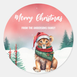 Cute lion safari wild Santa Christmas party kids Classic Round Sticker